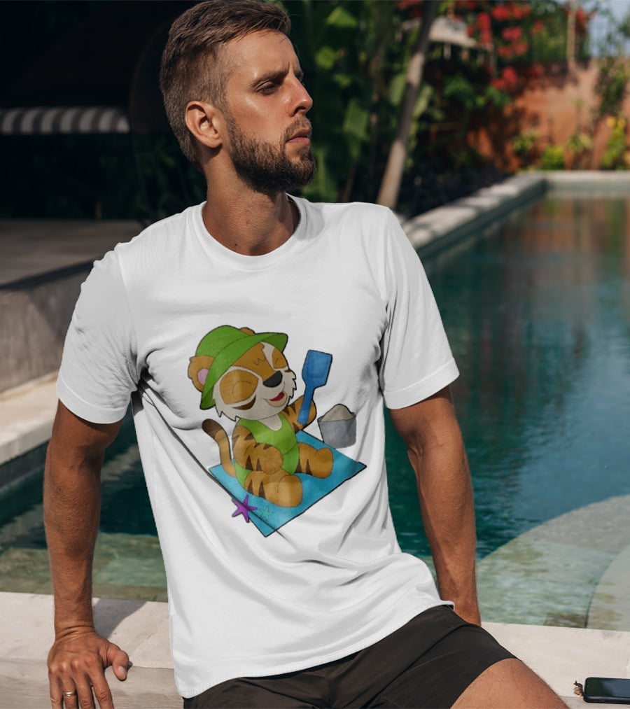 Playful Tiger Beach Sand Adventure Summer Scene T-Shirt