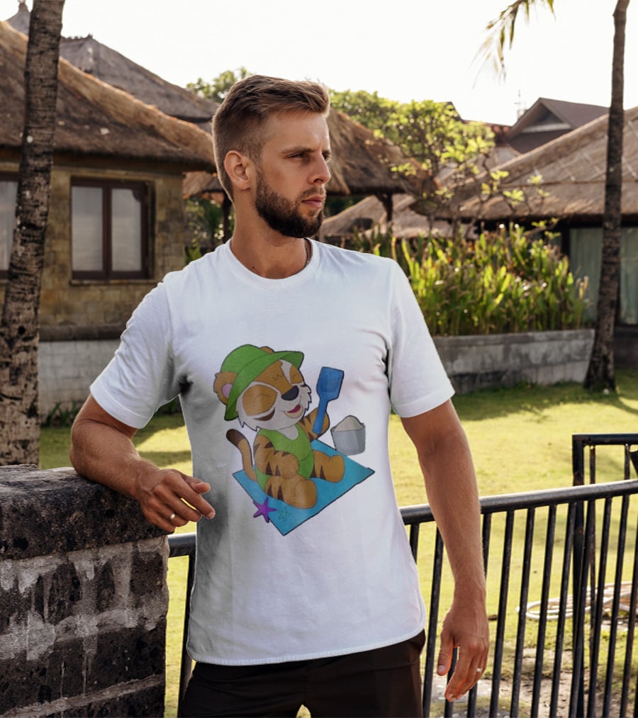 Playful Tiger Beach Sand Adventure Summer Scene T-Shirt
