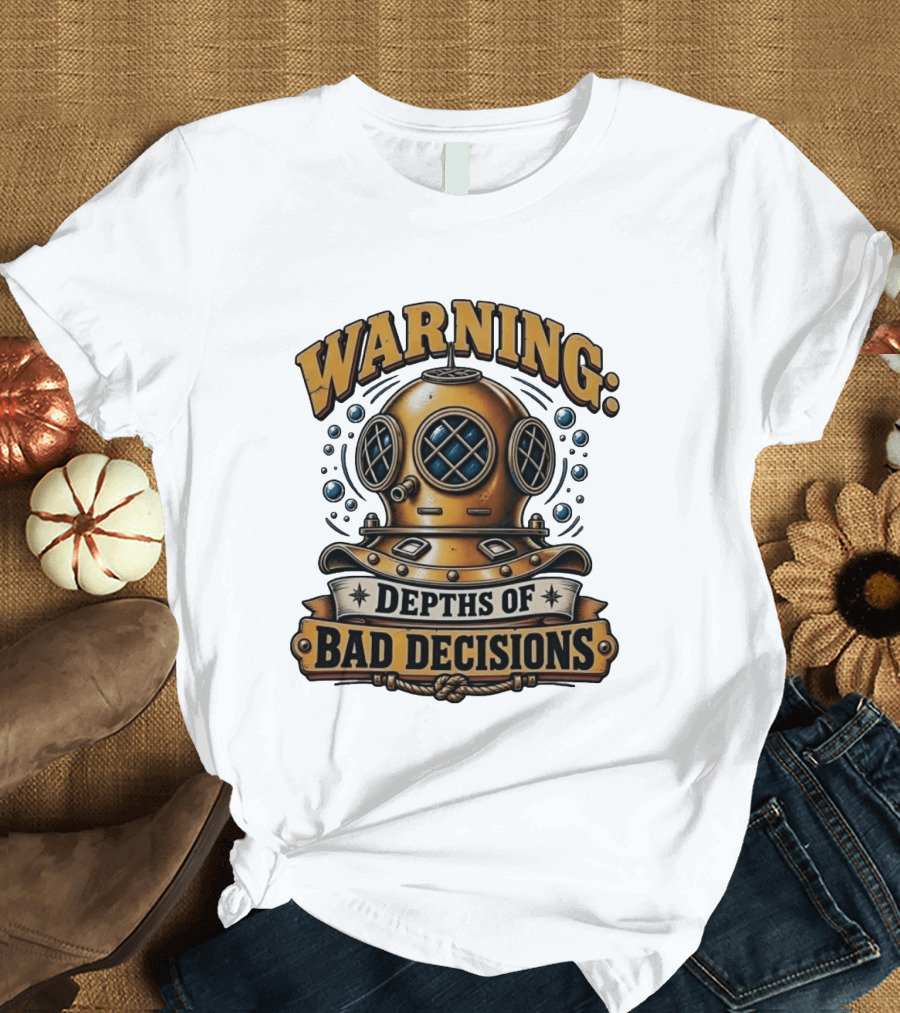 Warning Depths Of Bad Decisions Vintage Diving Helmet Adventure T-Shirt