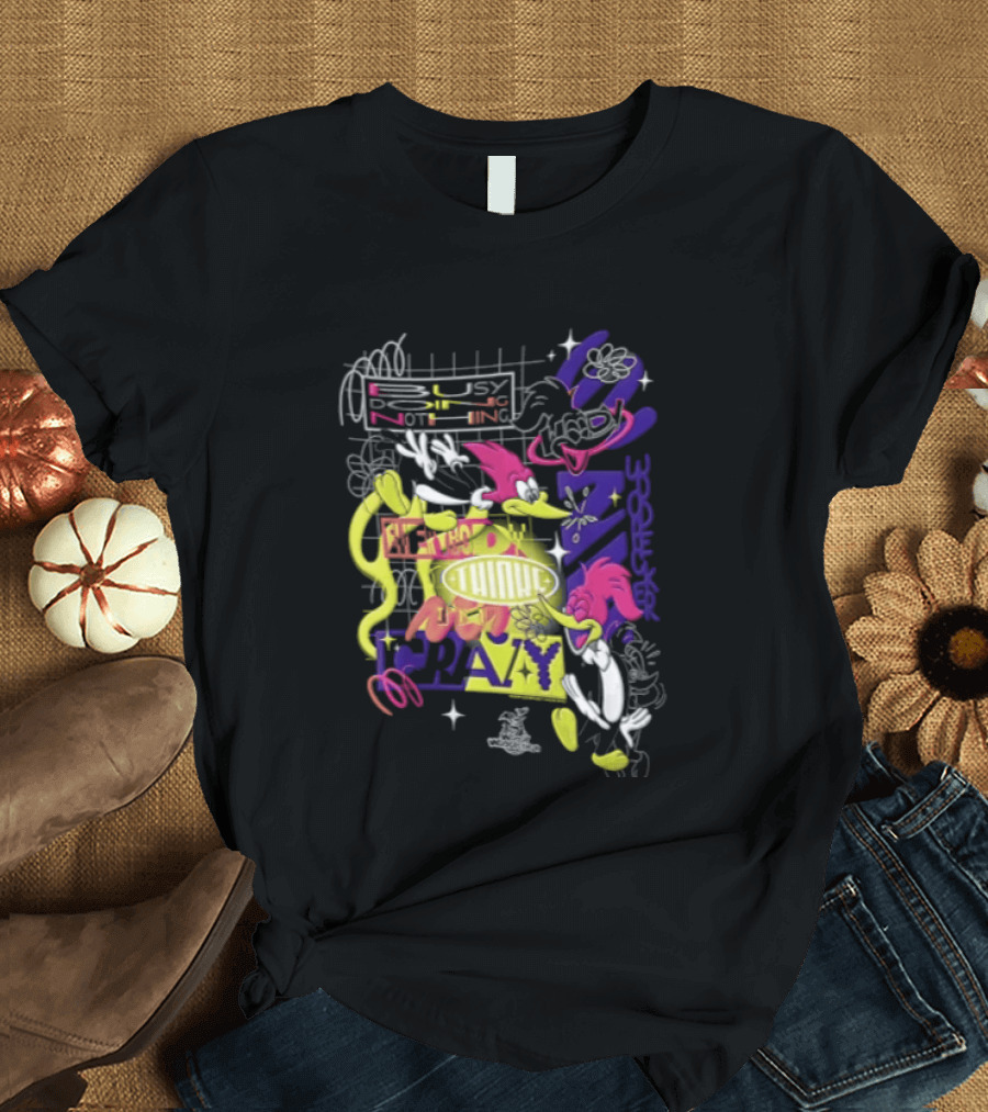Busy Doing Nothing Everybody Thinks I'm Crazy Woody Woodpecker Walter Lantz Neon Grid Poses T-Shirt