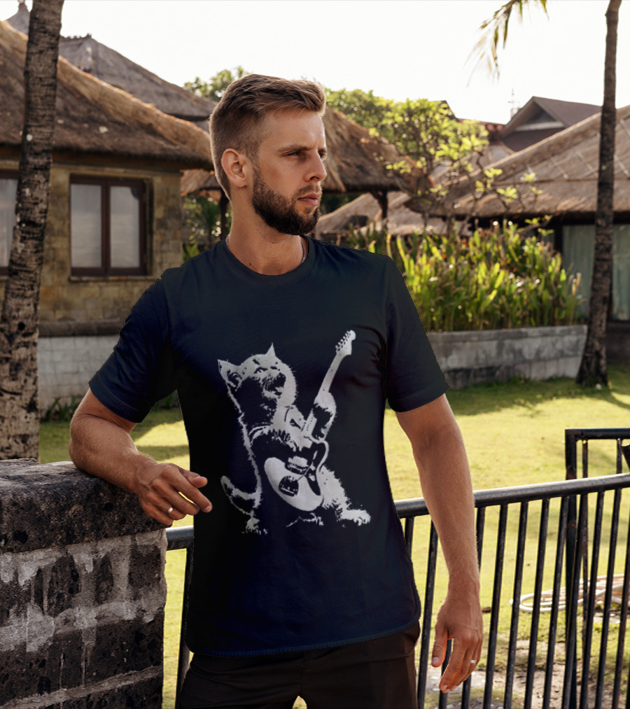 Cat Playing Electric Guitar Rocker Meowing Stencil Splatter Black And White T-Shirt