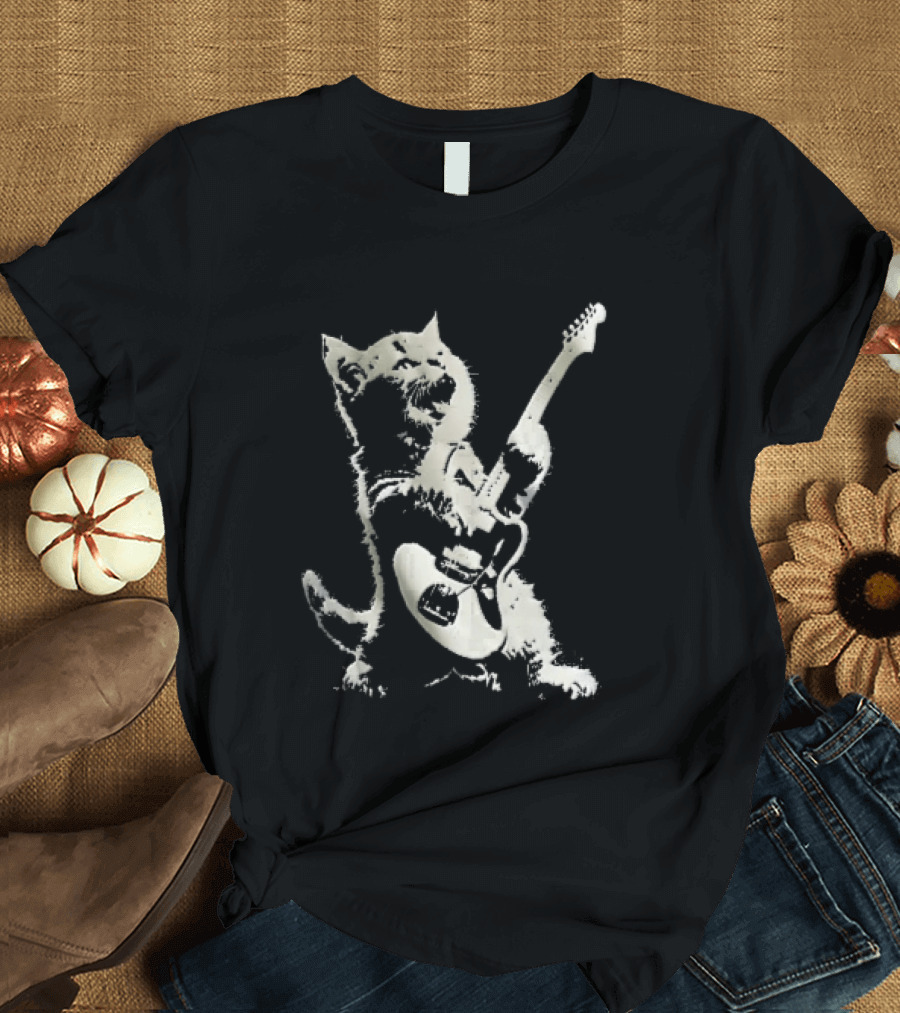 Cat Playing Electric Guitar Rocker Meowing Stencil Splatter Black And White T-Shirt