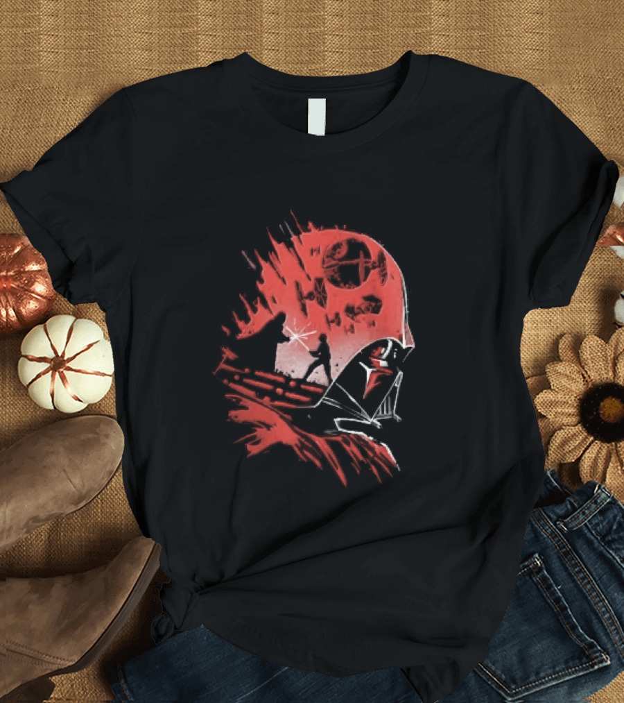 Darth Vader Luke Skywalker Lightsaber Duel Death Star TIE Fighters Red Stencil T-Shirt