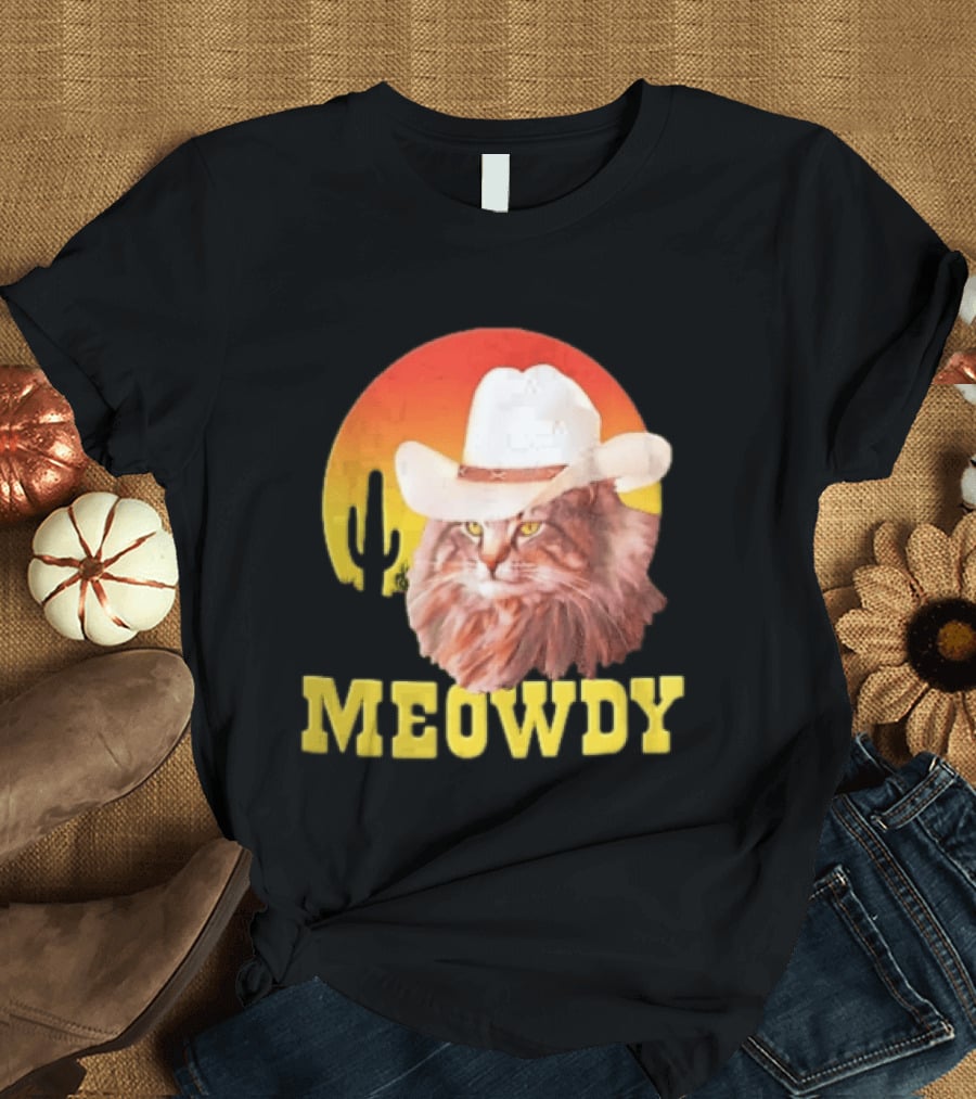 Meowdy Cowboy Cat In White Hat With Sunset And Cactus T-Shirt