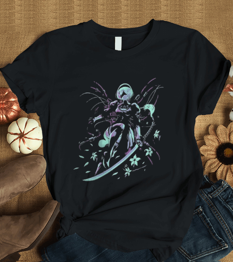 NieR Automata 2B With Pastel Sword And Flower Motif T-Shirt