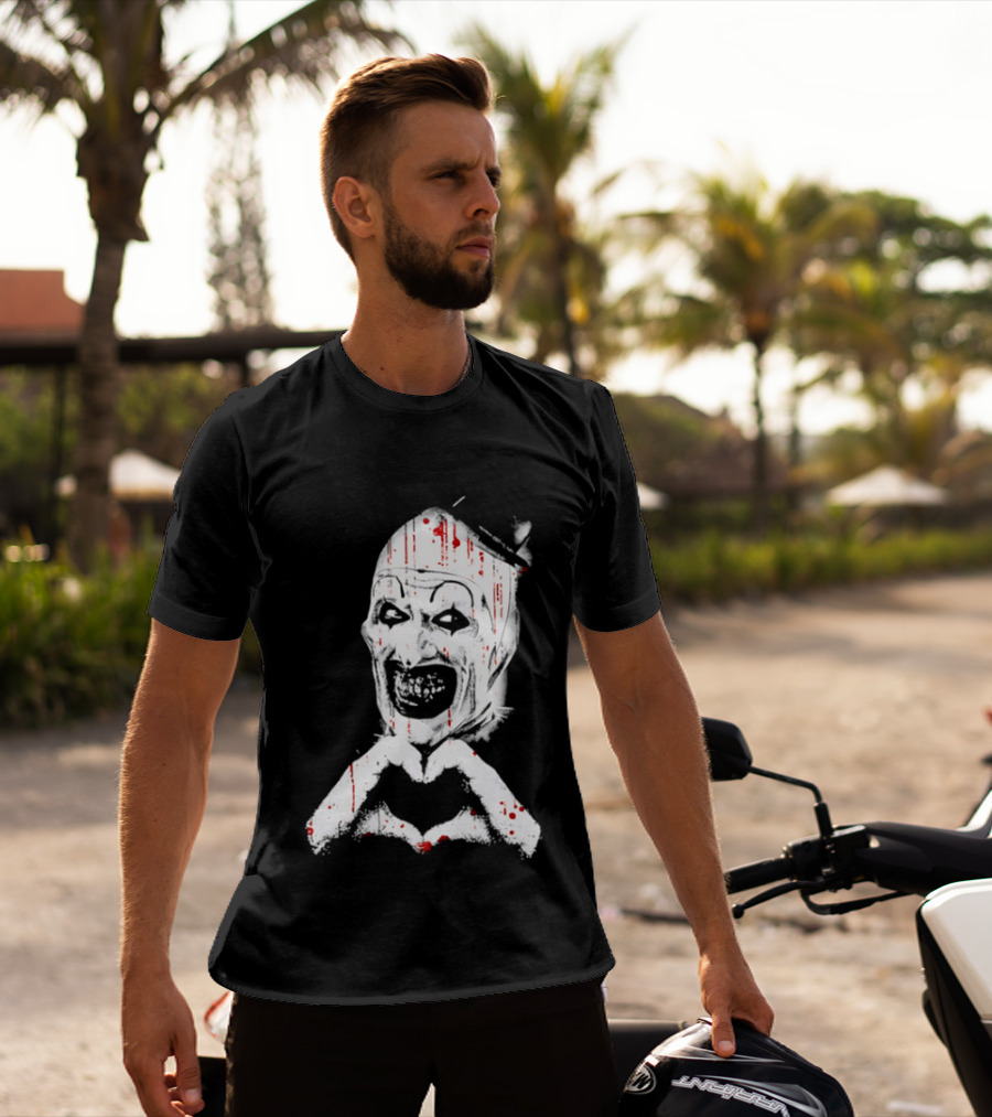 Terrifying Clown With Creepy Heart Hands And Bloody Accents T-Shirt