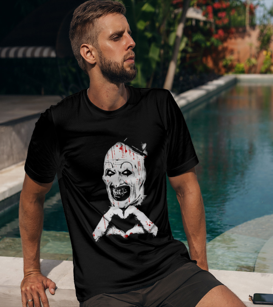 Terrifying Clown With Creepy Heart Hands And Bloody Accents T-Shirt