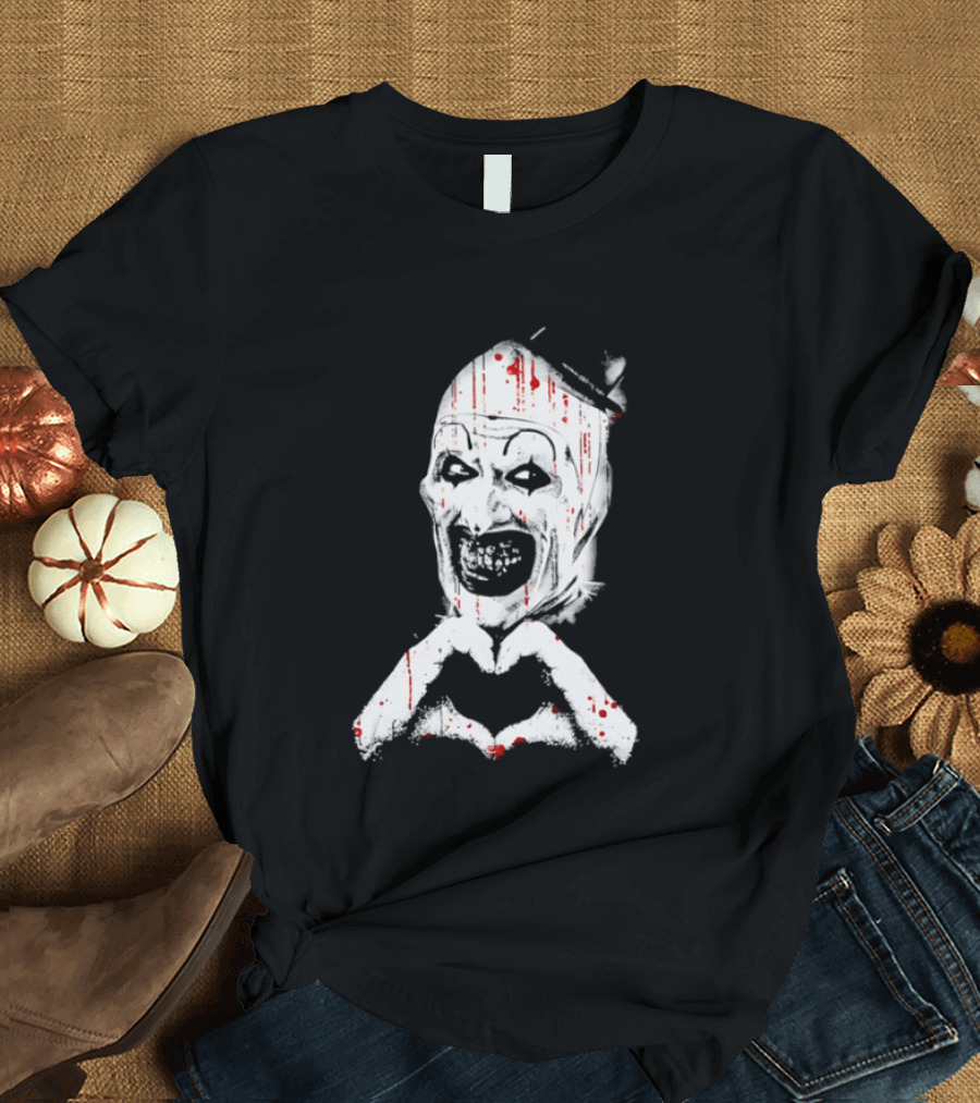 Terrifying Clown With Creepy Heart Hands And Bloody Accents T-Shirt