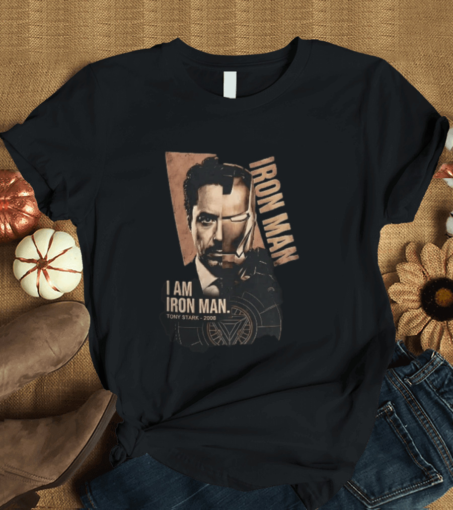 I Am Iron Man Tony Stark 2008 Robert Downey Jr Split Face Iron Man T-Shirt