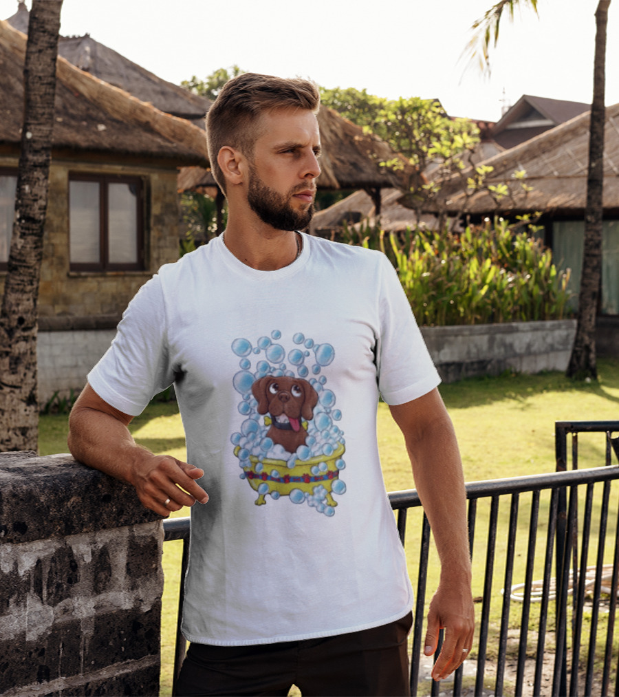 Goofy Dog Surrounded By Bubbles In Yellow Tub T-Shirt