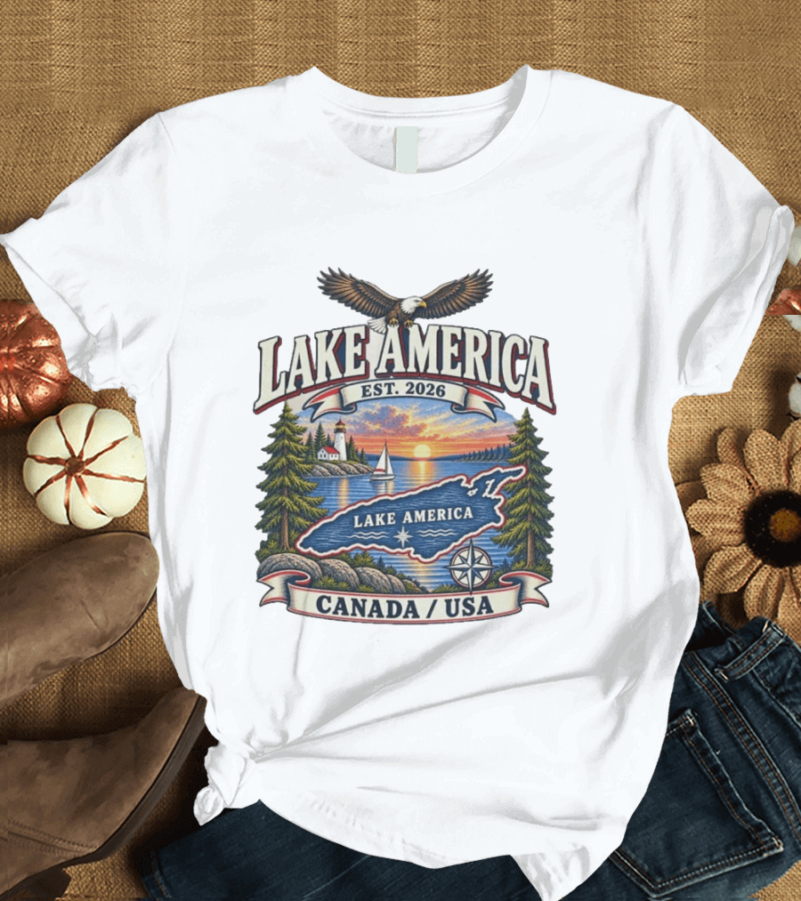 Lake America Est. 2026 Great Lakes Canada USA Scenic Sunset Eagle Sailboat T-Shirt