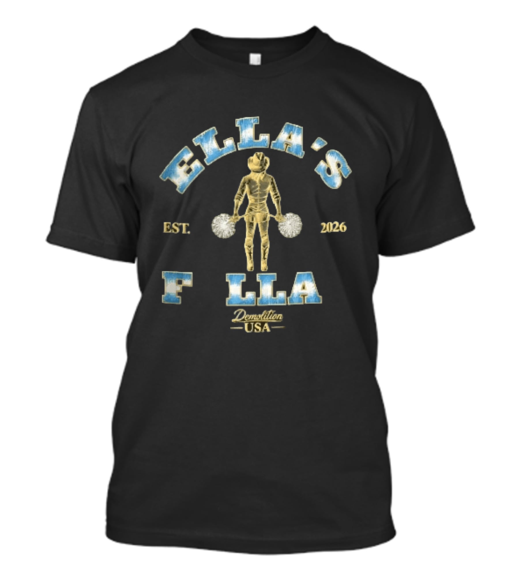 ELLA'S FLLA Est 2026 Demolition USA Golden Cowgirl Cheerleader Back View Holding Pom Poms T-Shirt