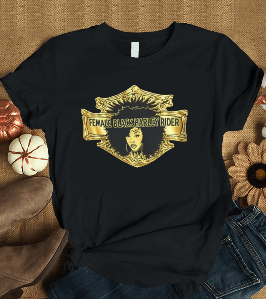 Female Black Harley Rider Gold Ornate Shield Afro T-Shirt