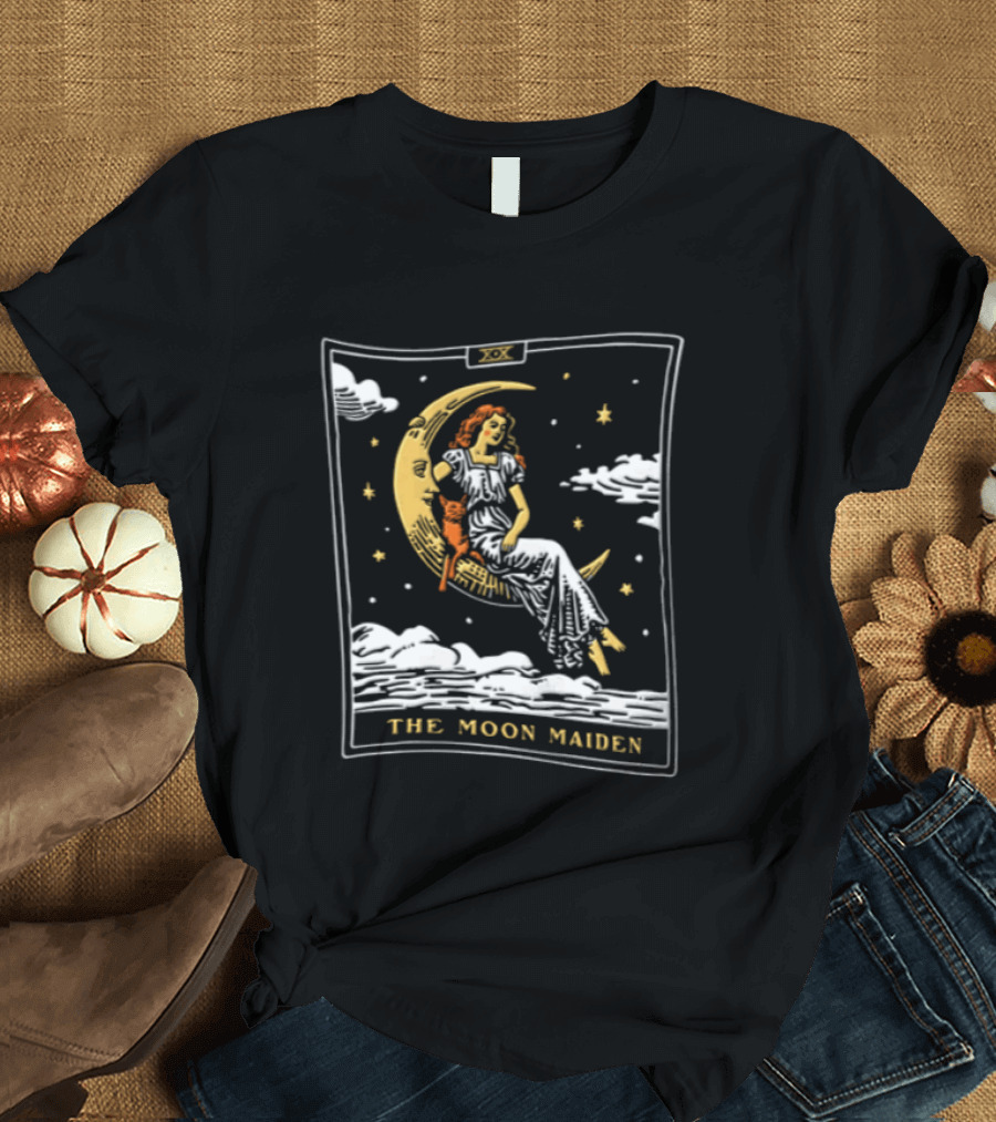 The Moon Maiden Tarot Card Crescent Cat And Stars T-Shirt