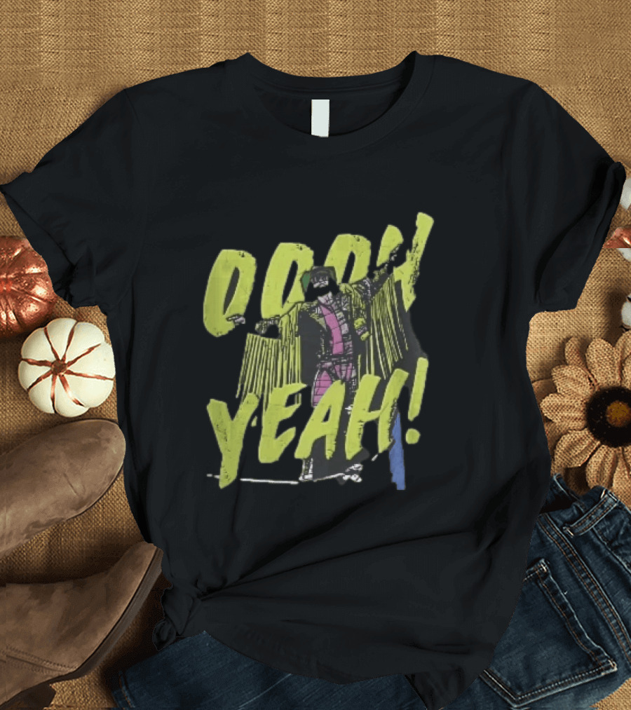 Oooh Yeah Macho Man Randy Savage Wrestler Outstretched Arms Fringed Jacket Distressed Green T-Shirt