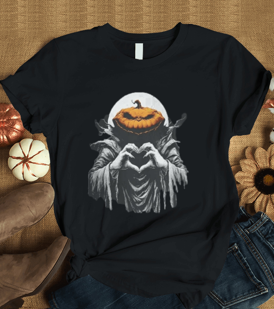 Scary Jack O Lantern Hooded Cloak Heart Hands Full Moon T-Shirt