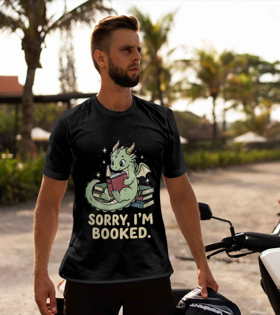 Sorry I'm Booked Cartoon Green Dragon Reading Book With Stars T-Shirt