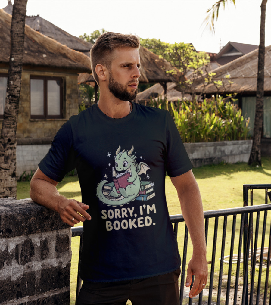Sorry I'm Booked Cartoon Green Dragon Reading Book With Stars T-Shirt