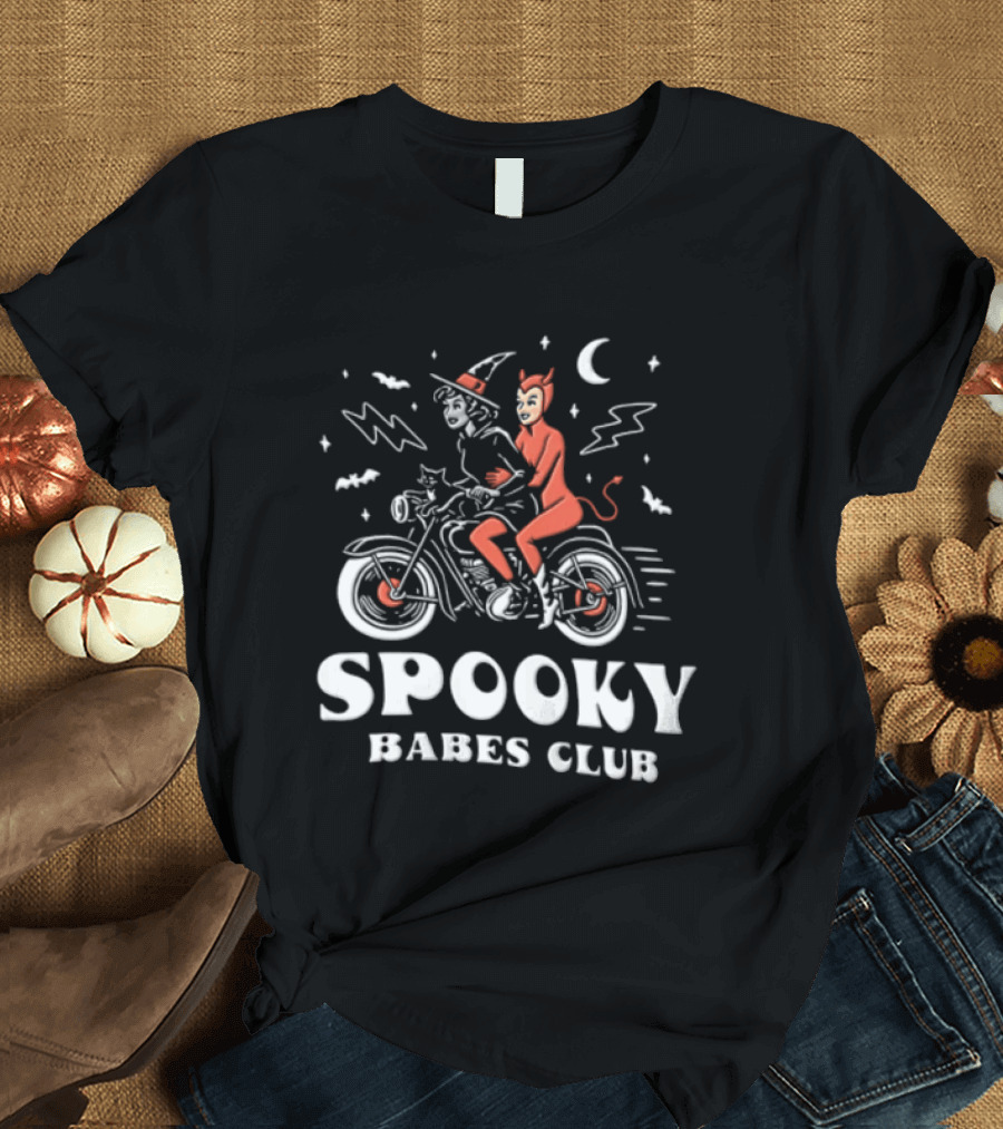 Spooky Babes Club Halloween Witch And Devil Motorcycle Riding T-Shirt