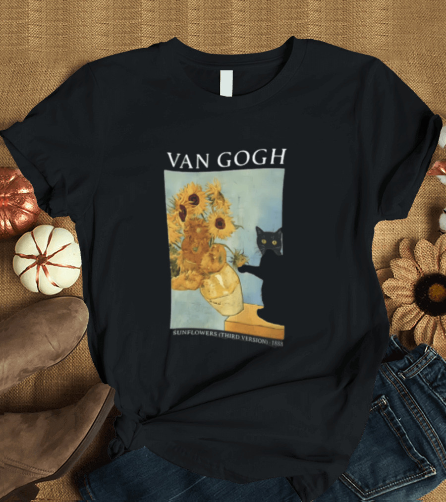 Van Gogh Sunflowers Third Version 1888 Black Cat Vase T-Shirt