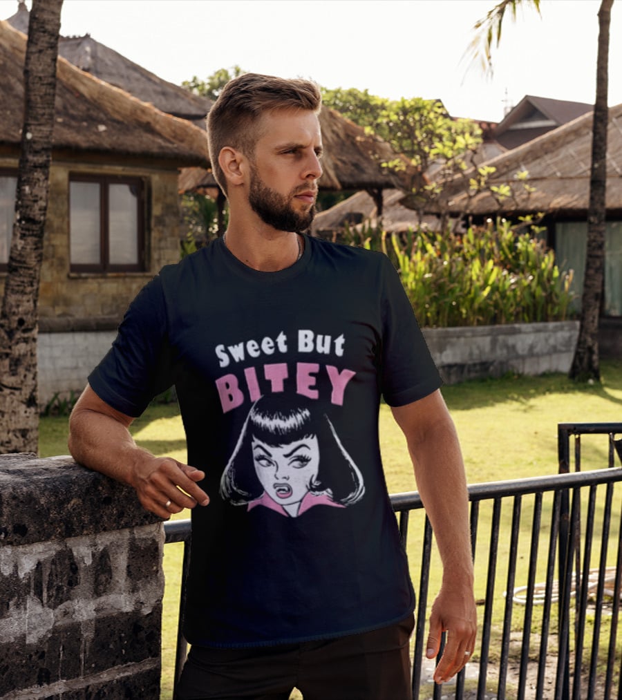 Sweet But Bitey Cartoon Vampire Bangs Graphic Fangs T-Shirt