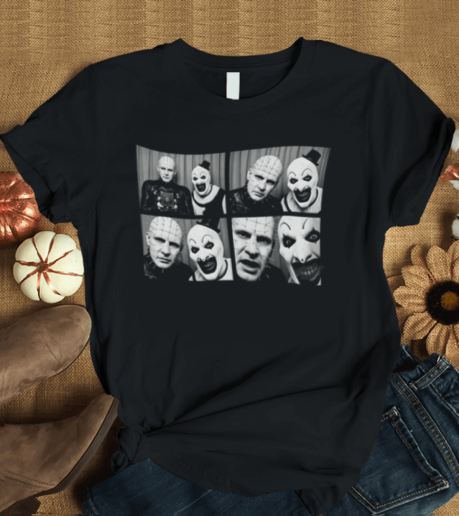 The Clown & Pinhead Horror Mystery Mashup Photo Booth T-Shirt