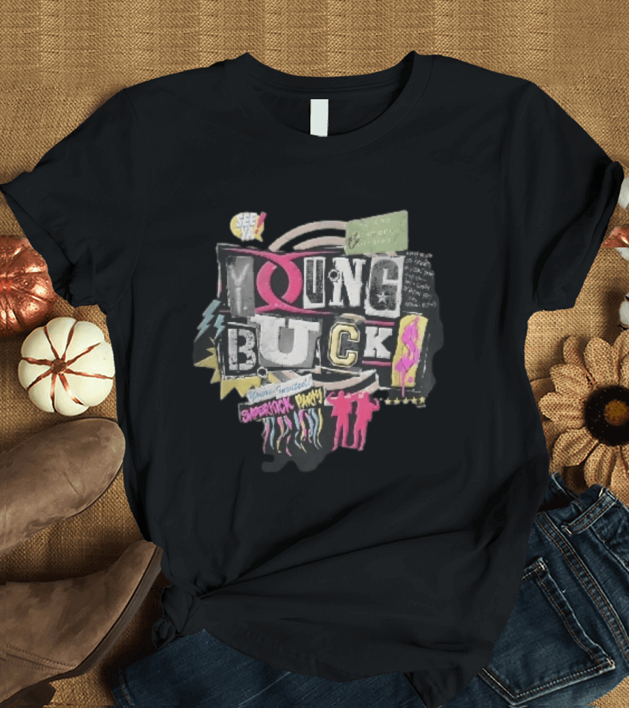 Young Bucks See Ya Rancho Cucamonga Superkick Party Matt Jackson Nick Jackson Distressed Collage T-Shirt