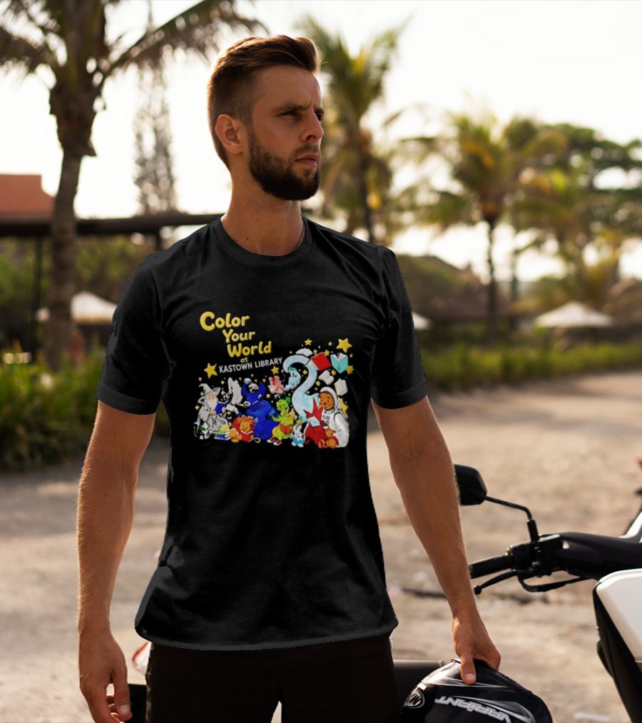 Color Your World At Kastown Library With Reading Books And Vibrant Characters T-Shirt