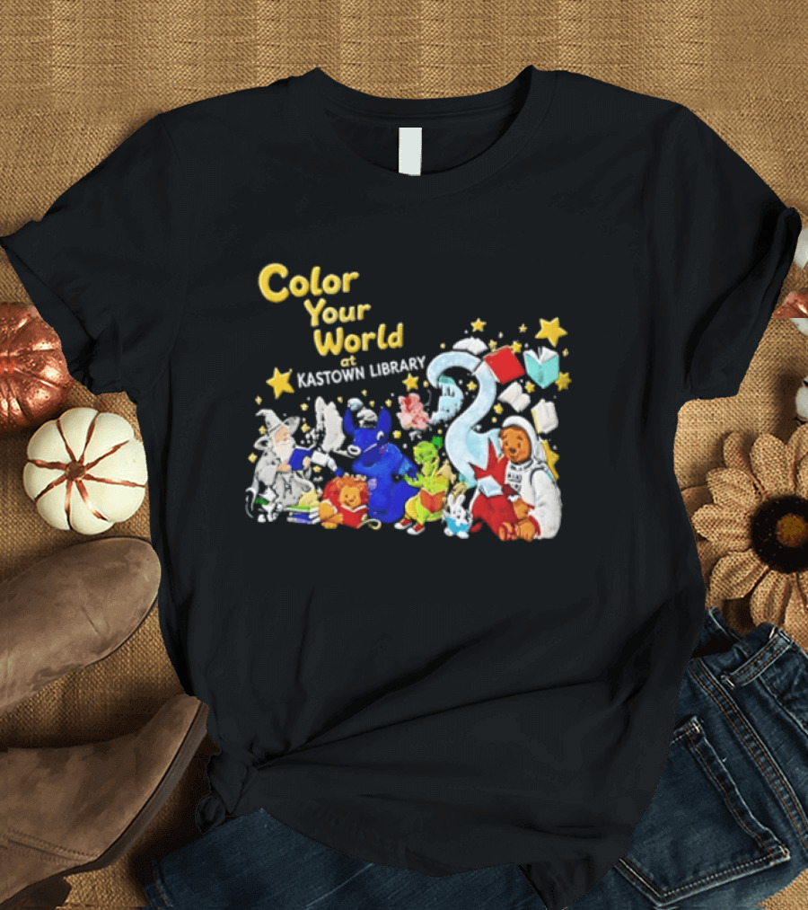 Color Your World At Kastown Library With Reading Books And Vibrant Characters T-Shirt