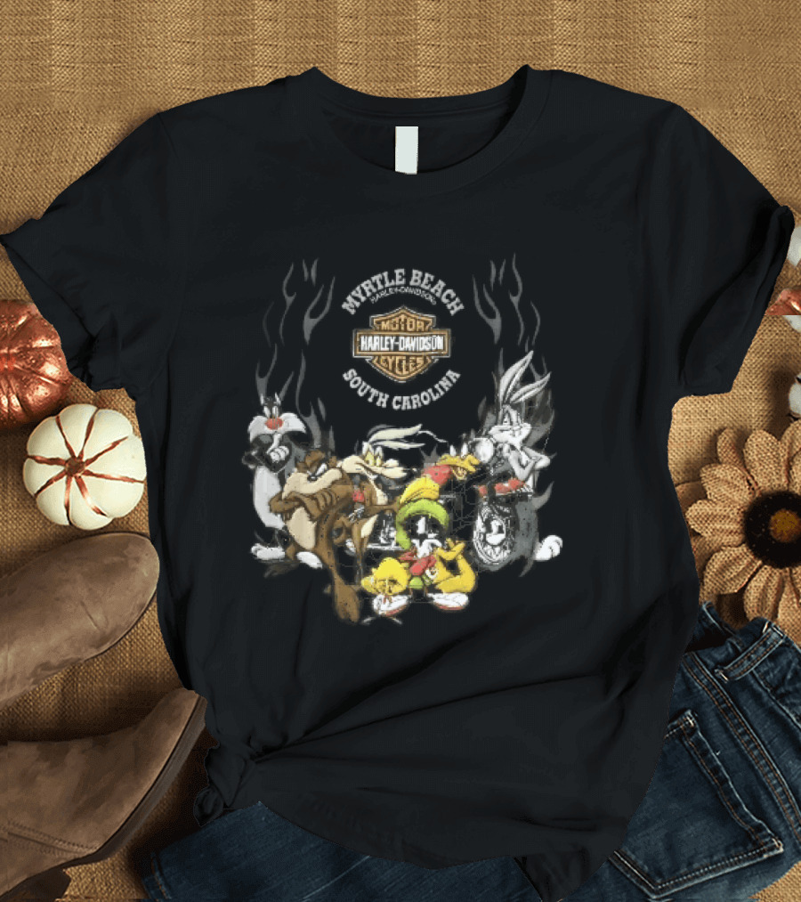 Myrtle Beach Harley Davidson Motor Cycles South Carolina Looney Tunes Bugs Bunny Daffy Duck Taz Sylvester Wile E Coyote T-Shirt