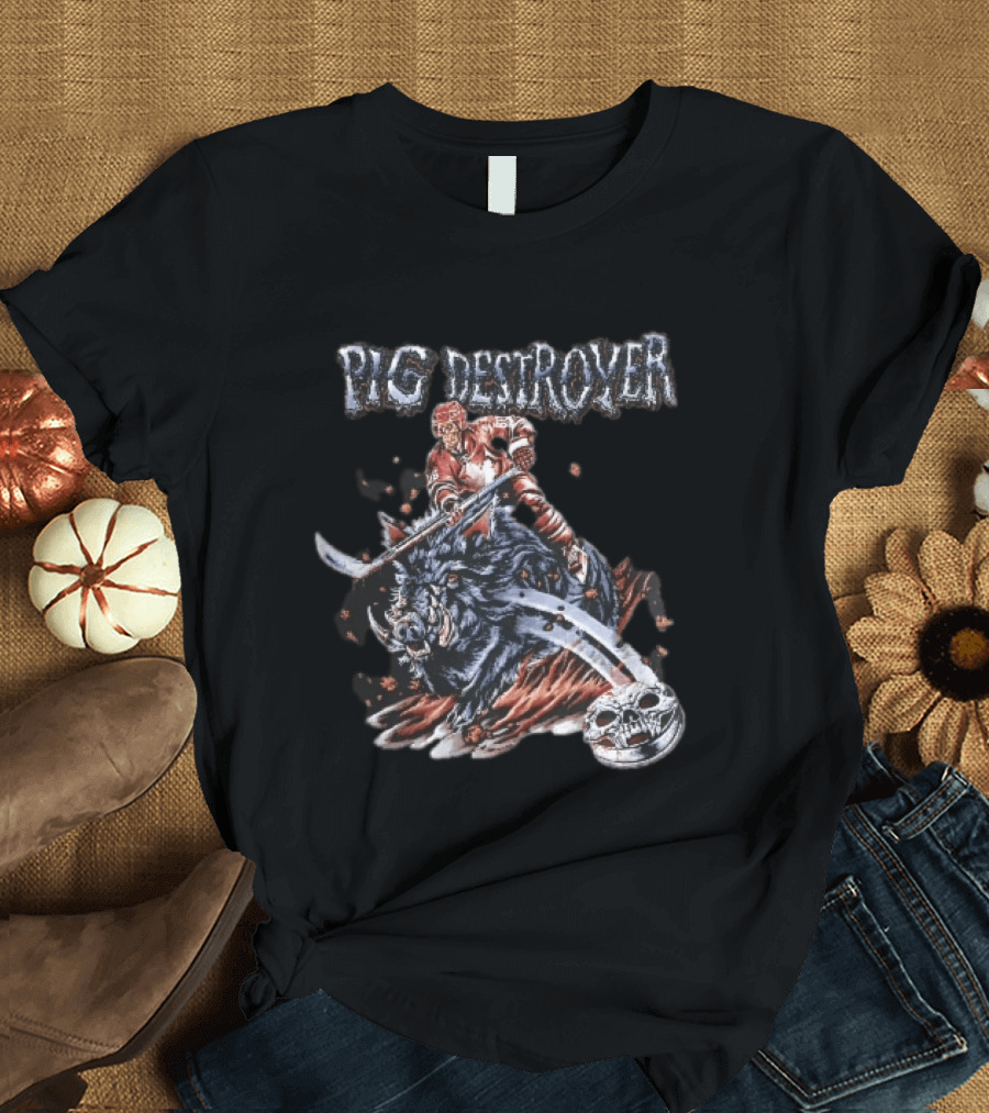 Pig Destroyer Skeleton Hockey Player Riding Wild Boar Skull Puck T-Shirt