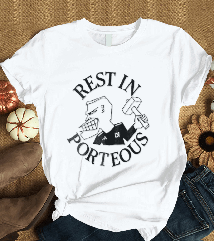 Rest In Porteous Cartoon Caricature Man Holding Hammer T-Shirt