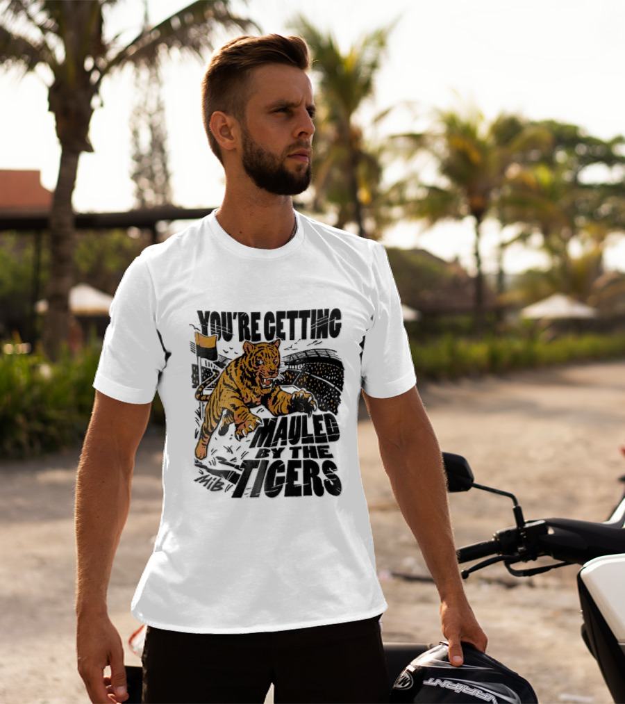 You're Getting Mauled By The Tigers Leaping Aggressive Stadium Crowd Corner Flag Woodcut T-Shirt