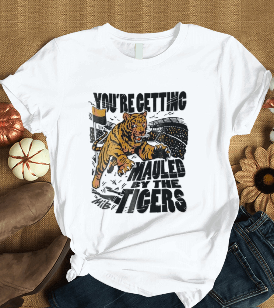 You're Getting Mauled By The Tigers Leaping Aggressive Stadium Crowd Corner Flag Woodcut T-Shirt
