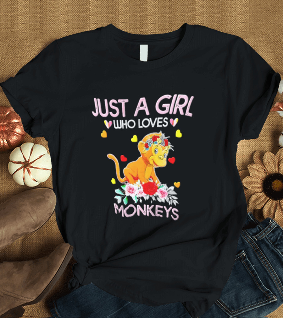 Just A Girl Who Loves Monkeys With Hearts And Flowers T-Shirt