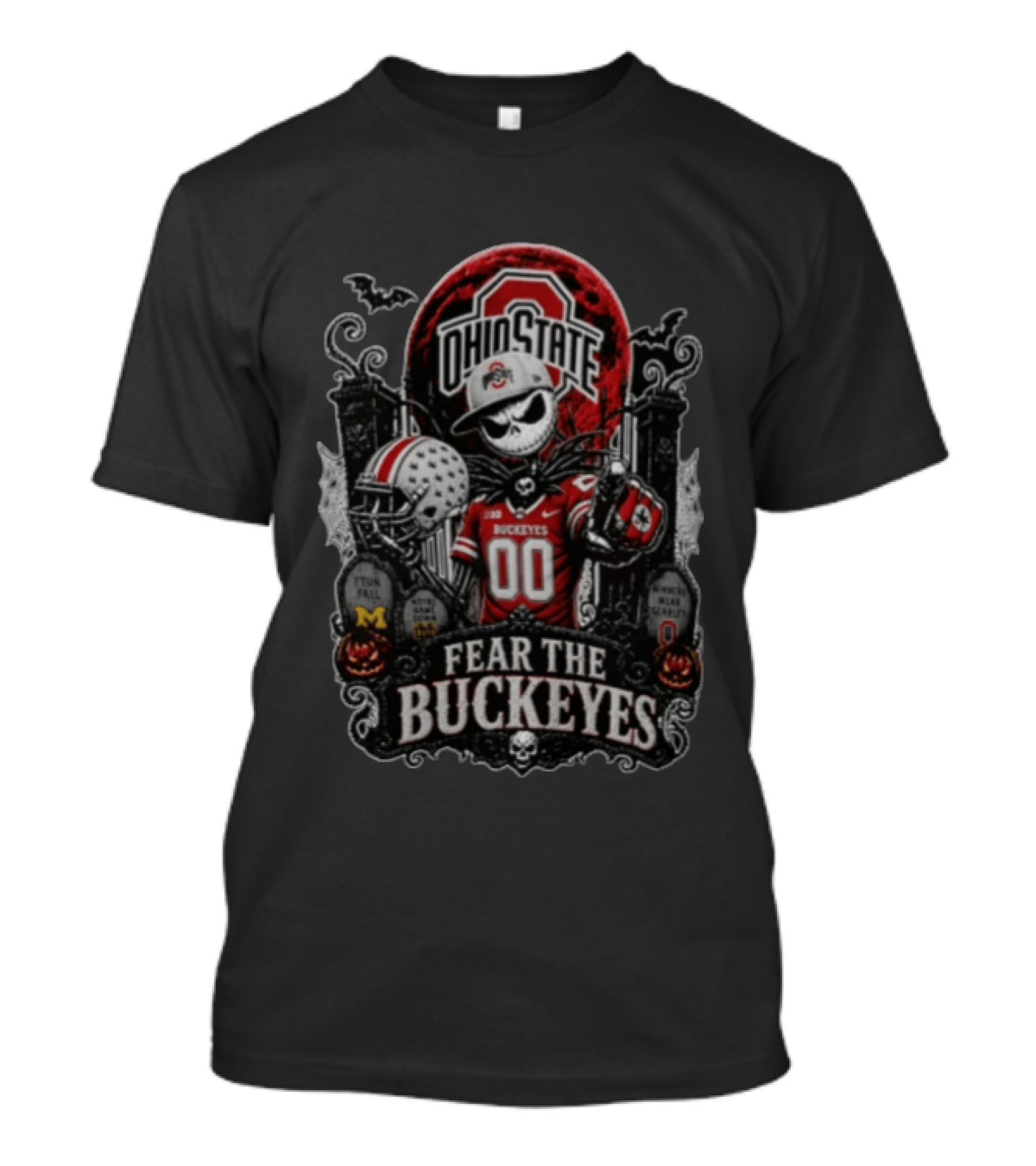 Ohio State Fear The Buckeyes Jack Skellington Halloween Skeleton Football Pumpkins Gravestones T-Shirt