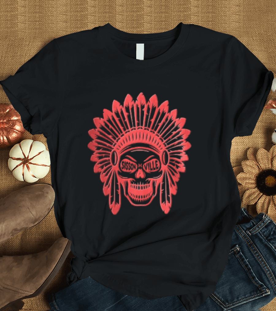 Sissonville Indian Chief Skull Headdress Red Feather Motif T-Shirt