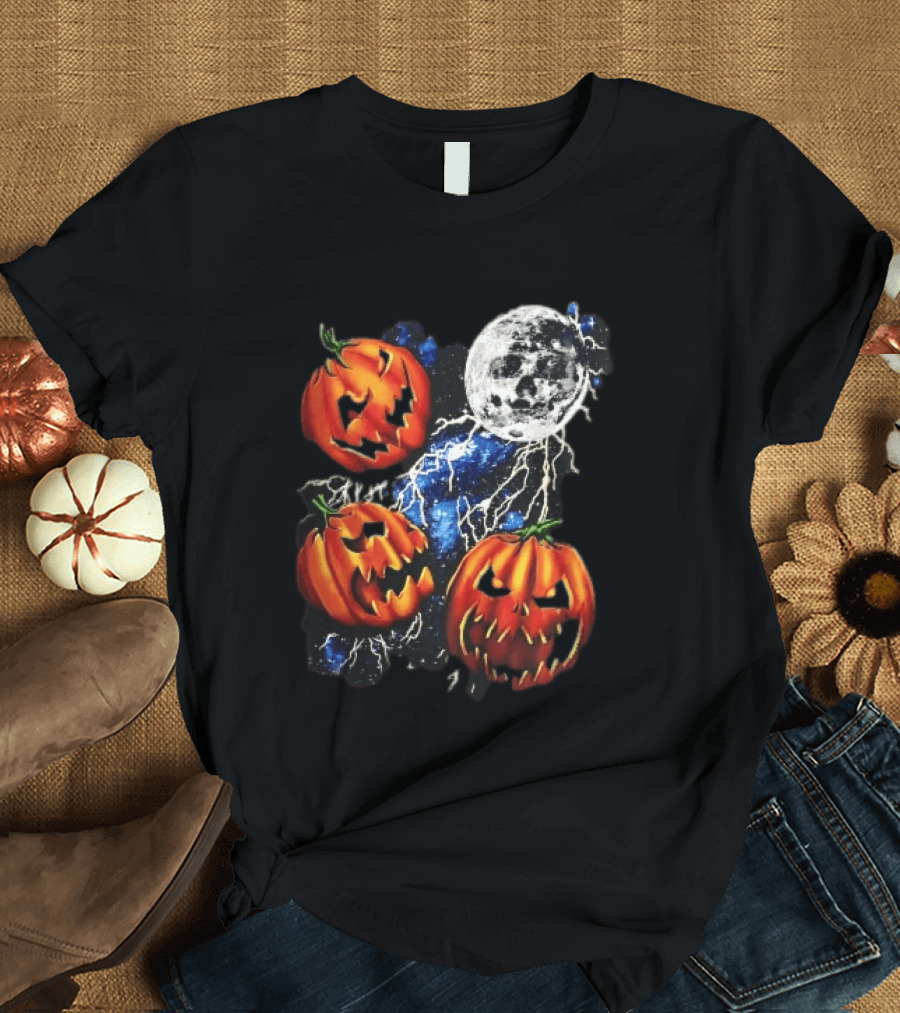 Halloween Pumpkins Skull Moon Lightning T-Shirt