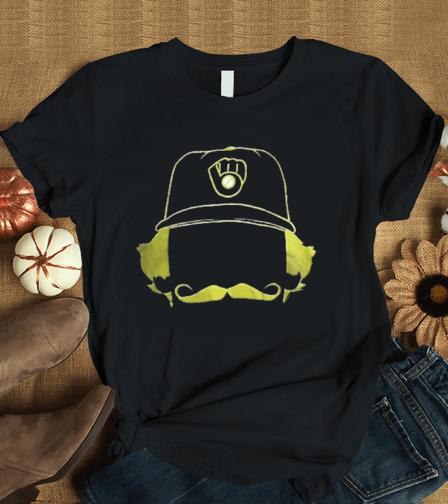 Milwaukee Brewers Iconic Logo Hat Mustache Hair T-Shirt