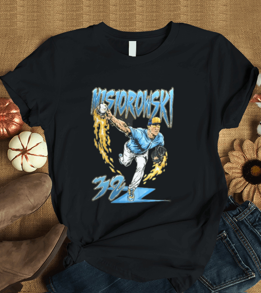 Misiorowski 32 Baseball Pitcher Throwing Flaming Ball In Action T-Shirt