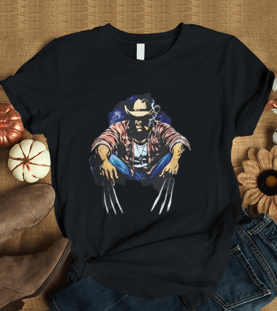 Wolverine Cowboy Hat Cigar Claws Sitting Pose T-Shirt