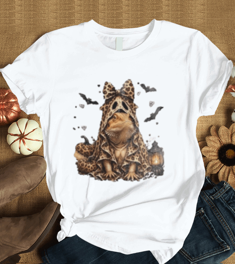 Bewitched Bearded Dragon Cloaked In Leopard Print With Lantern And Bats T-Shirt