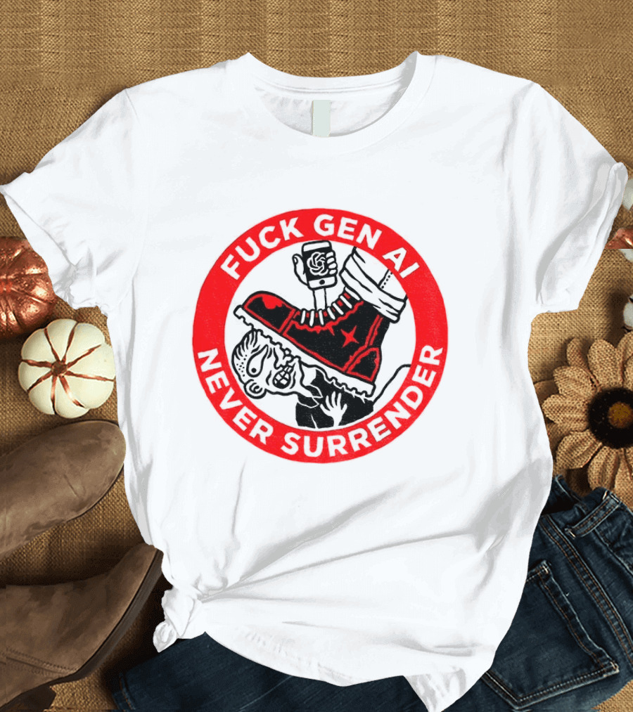 Fuck Gen AI Never Surrender Boot And Fist Circle T-Shirt