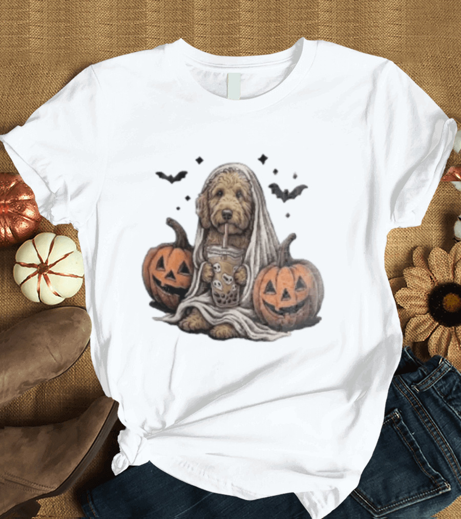 Goldendoodle Ghost With Boba Halloween Jack O'Lanterns And Bats T-Shirt