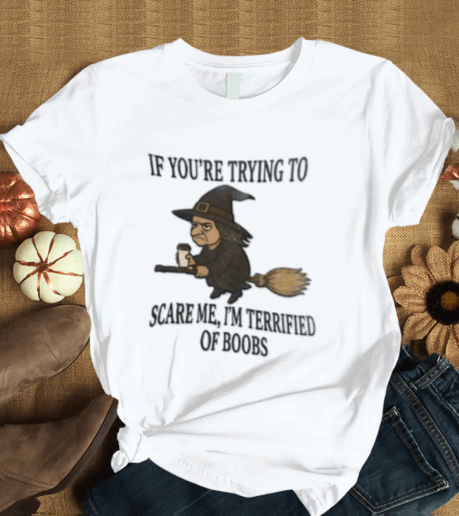 Witch Humor If You're Trying To Scare Me I'm Terrified Of Boobs Broomstick Flying T-Shirt