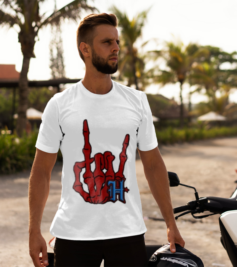 Red Skeleton Hand Sign With Blue H T-Shirt