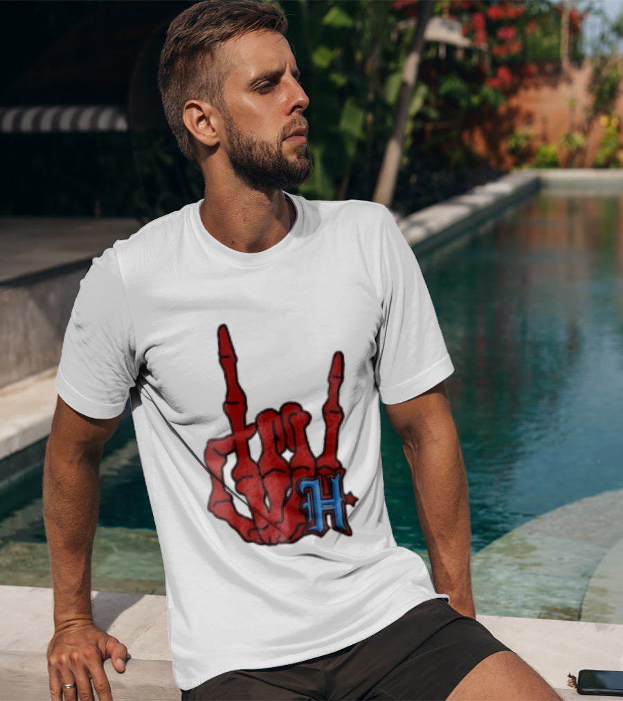 Red Skeleton Hand Sign With Blue H T-Shirt