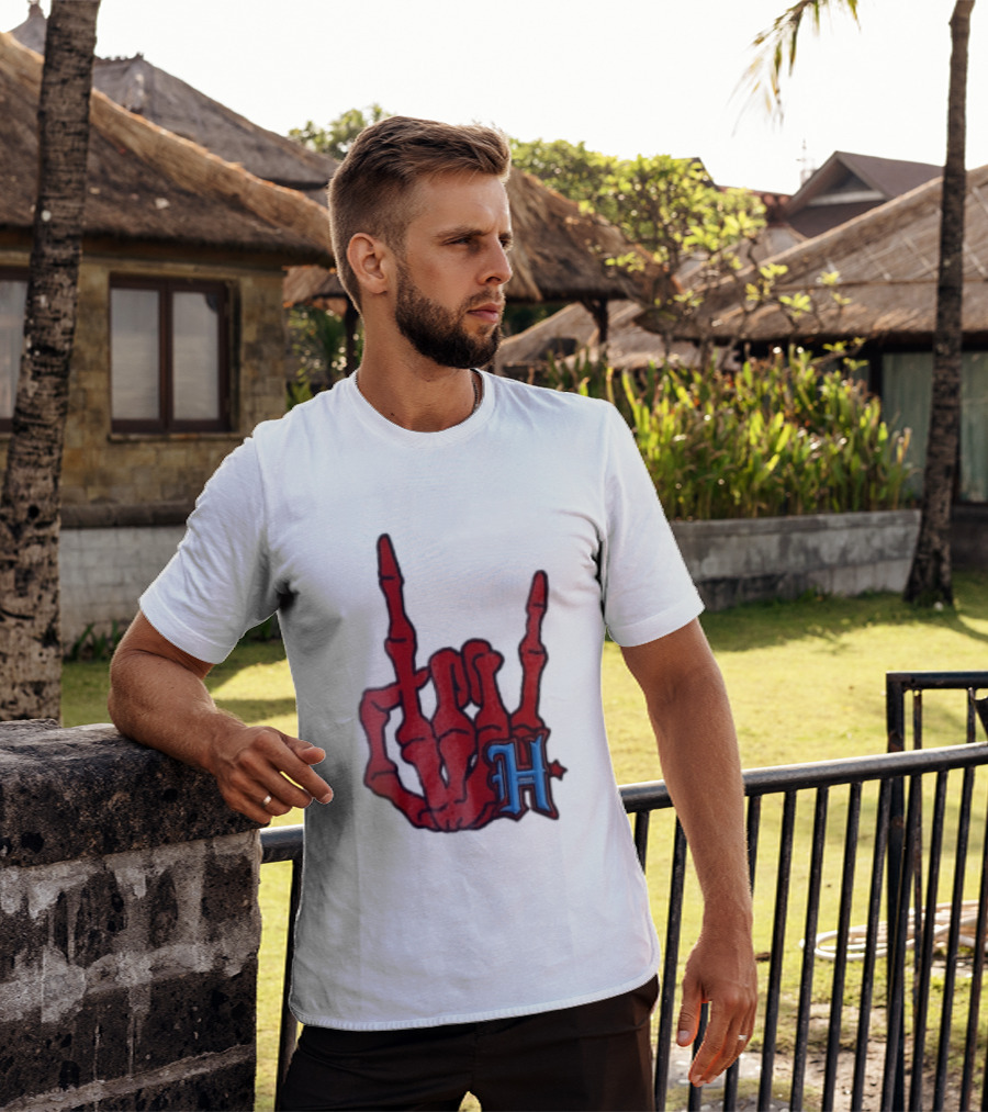 Red Skeleton Hand Sign With Blue H T-Shirt