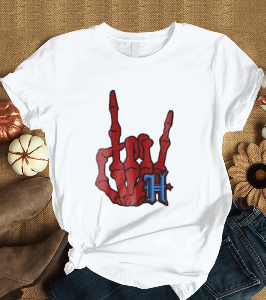 Red Skeleton Hand Sign With Blue H T-Shirt