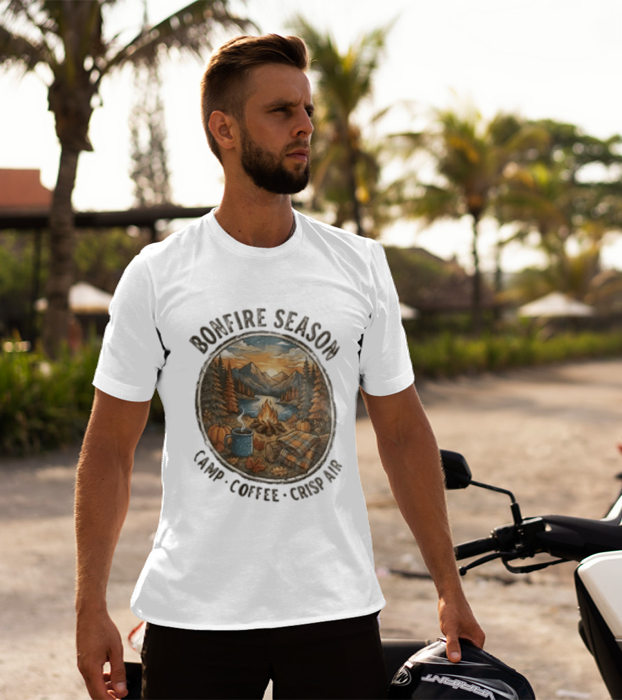 Bonfire Season Camp Coffee Crisp Air Scenic Autumn Mountains And Campfire T-Shirt